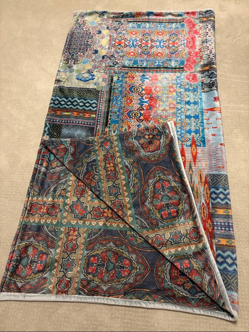 Johnny Was Multicolor Bohemian Patchwork Velvet Throw in Blue, Red, Green